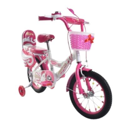 صورة دراجة أطفال بناتية وردية بمقعدين وسلة أمامية مقاس 12,14,16